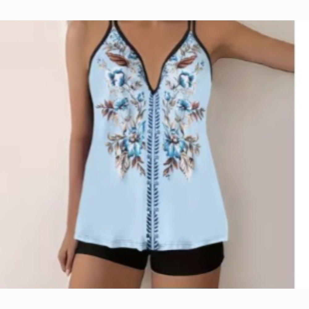 Swimsuit -  Tankini - Floral V-Neck Tankini Swimsuit - Light Blue, Never Worn - Picture 3 of 4
